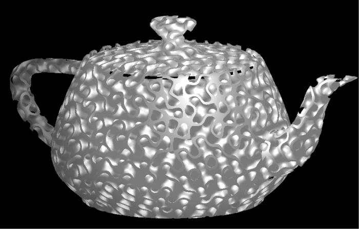 Complex mesh (teapot) with a gyroid infill. The desired outcome!