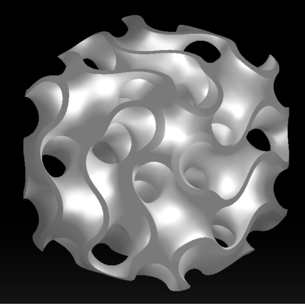 Display of large gyroid infill, specifically a box of 2x2x2 unit cells. The infill is curved in a complex way which gives a sense of strength. A mathematics wonder.